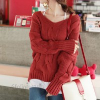 Suéter Casual de mangas de Murciélago Ala de Color Sólido de Cuello en V de Acrílico